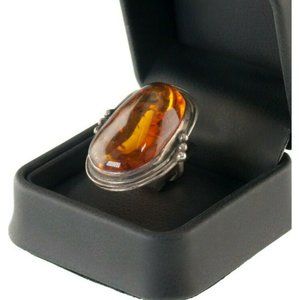 Vintage Ladies Large Oval Amber Sterling Silver Ring Size 5.75!